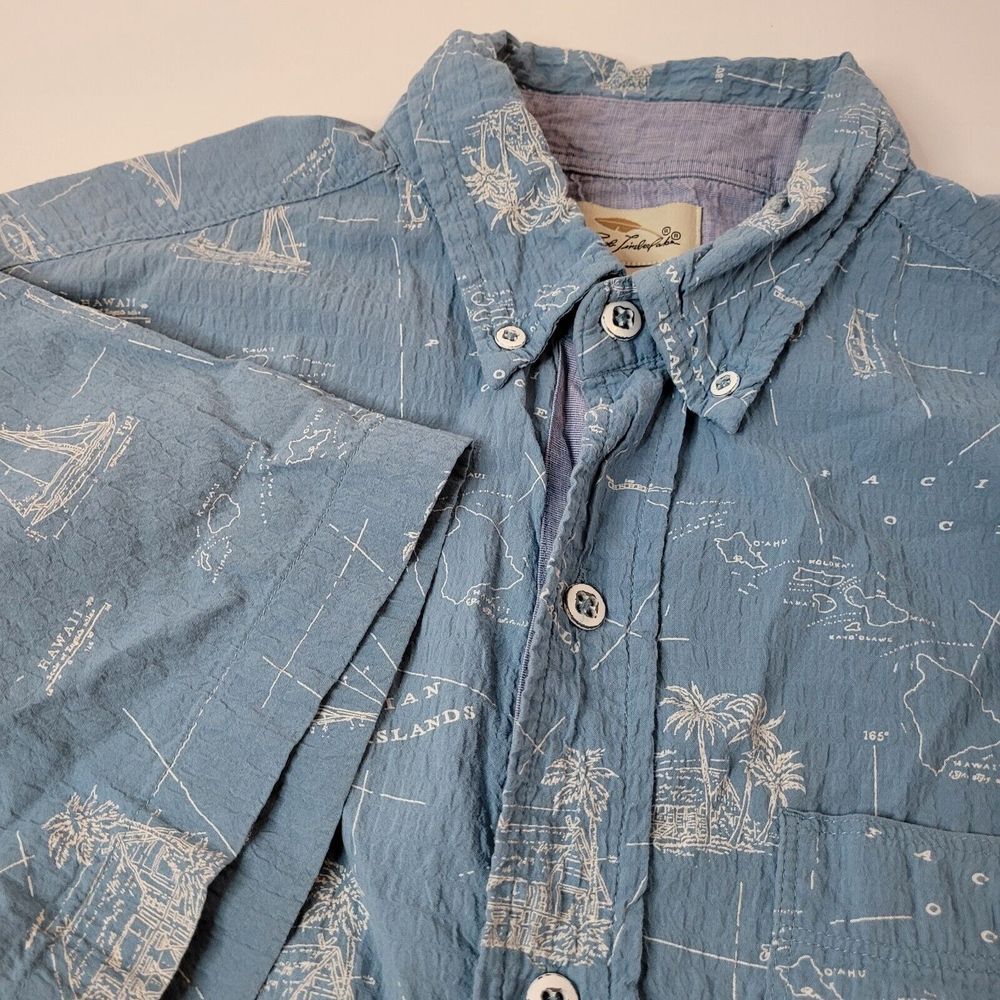 Bob Timberlake Shirt Men Medium Blue Excellent Hawaiian Map Seersucker Button Up